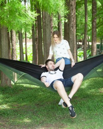 Portable Outdoor Camping Full-automatic Nylon Parachute Hammock with Mosquito Nets, Size : 290 x 140cm (Black)