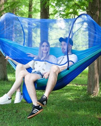 Portable Outdoor Camping Full-automatic Nylon Parachute Hammock with Mosquito Nets, Size : 290 x 140cm (Dark Blue + Baby Blue)