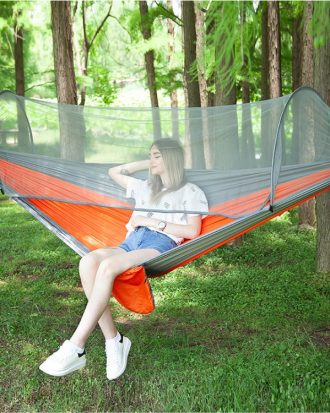 Portable Outdoor Camping Full-automatic Nylon Parachute Hammock with Mosquito Nets, Size : 290 x 140cm (Silver Gray + Orange)