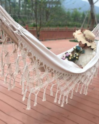 Tassel Hammock Double Canvas Hammock Outdoor Indoor Photography Props, Specification:200x150cm White