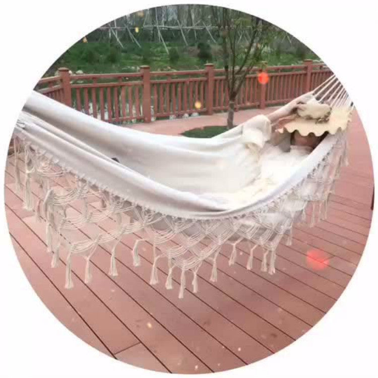 Tassel Hammock Double Canvas Hammock Outdoor Indoor Photography Props, Specification:200x150cm White - Image 3