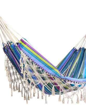 Outdoor Camping Hammock Tassel Polyester Cloth Hammock(3 Blue Striped Tassel)