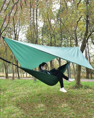 Outdoor Camping Sunshade + Anti-Mosquito Hammock Set Parachute Fabric Net Yarn Anti-Mosquito Hammock(Ink Green)