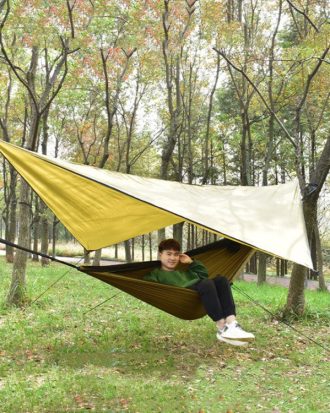 Outdoor Camping Sunshade + Anti-Mosquito Hammock Set Parachute Fabric Net Yarn Anti-Mosquito Hammock(Camel)