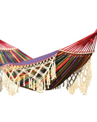 200x150cm Double Outdoor Camping Tassel Canvas Hammock with Stick(Colorful Stripes)
