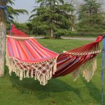 200x150cm Double Outdoor Camping Tassel Canvas Hammock with Stick(Pink Stripes)