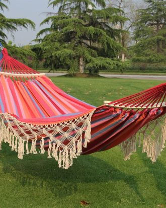 200x150cm Double Outdoor Camping Tassel Canvas Hammock with Stick(Pink Stripes)