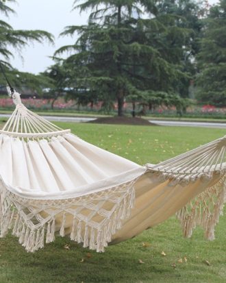 200x150cm Double Outdoor Camping Tassel Canvas Hammock with Stick(White)